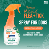Tropiclean Natural Flea + Tick indoor pest prevention spray bottle on a green background with text.