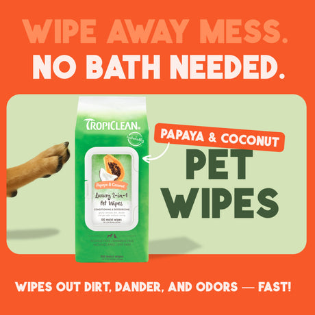 TropiClean Papaya & Coconut Luxury 2-In-1 Pet Wipes with promotional text on an orange background