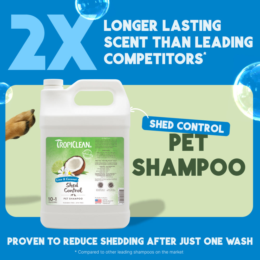 Tropiclean Shed Control Pet Shampoo bottle with promotional text