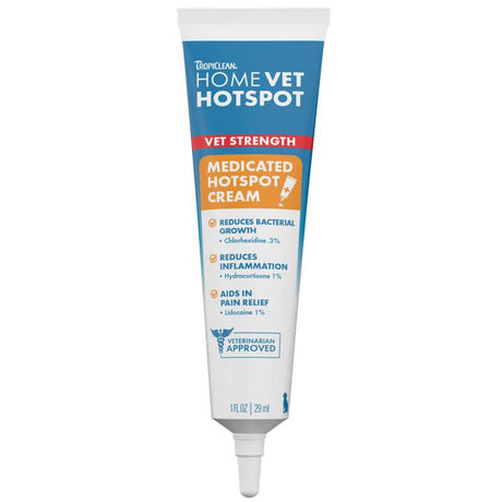HomeVet Medicated Hot Spot Cream for Dogs by TropiClean, image of tube front.