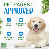 TropiClean Lime & Coconut Shed Control Shampoo for Pets. Dog with 'Pet Parent Approved' label, highlighting dye-free, cruelty-free, paraben-free, and soap-free products.