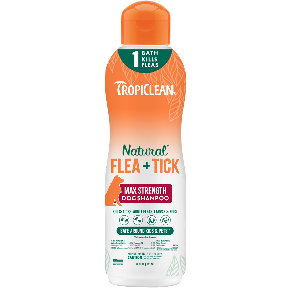 TropiClean Natural Flea and Tick Maximum Strength Shampoo for Dogs, image of front of bottle.