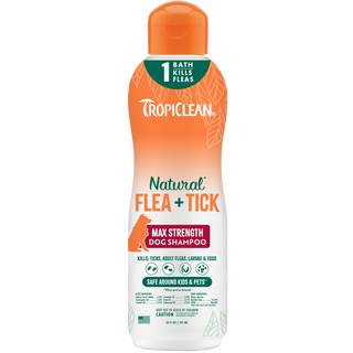 TropiClean Natural Flea and Tick Maximum Strength Shampoo for Dogs, image of front of bottle.