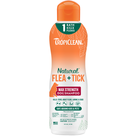 TropiClean Natural Flea and Tick Maximum Strength Shampoo for Dogs, image of front of bottle.
