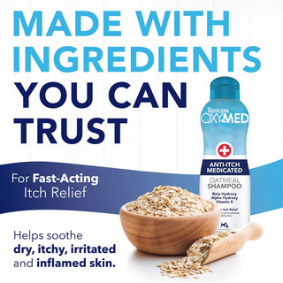 TropiClean OxyMed Medicated Anti Itch Shampoo for Pets bottle with a bowl of oats and text about itchy skin relief.
