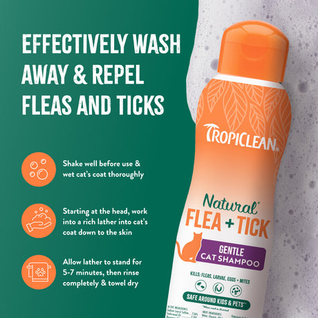 TropiClean Natural Flea + Tick Gentle Cat Shampoo, bottle with usage instructions on a green background