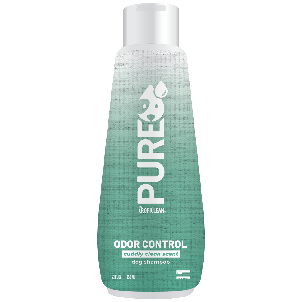 TropiClean PURE Cuddly Clean Odor Control Plant Based Dog Shampoo, front of 22oz bottle