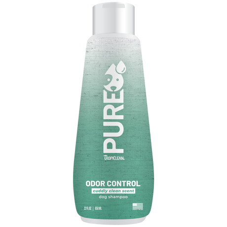 TropiClean PURE Cuddly Clean Odor Control Plant Based Dog Shampoo, front of 22oz bottle
