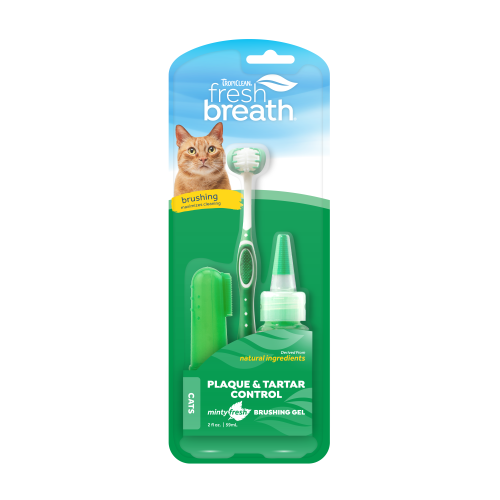 TropiClean Fresh Breath Plaque & Tartar Control Kit for Cats, front of packaged kit
