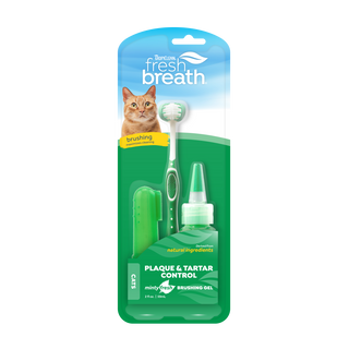 TropiClean Fresh Breath Plaque & Tartar Control Kit for Cats, front of packaged kit