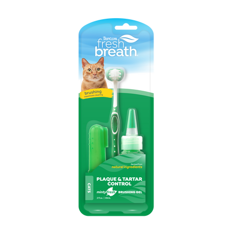 TropiClean Fresh Breath Plaque & Tartar Control Kit for Cats, front of packaged kit
