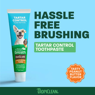 TropiClean Fresh Breath pet toothpaste tube with tartar control, peanut butter and honey flavor, 2oz size.
