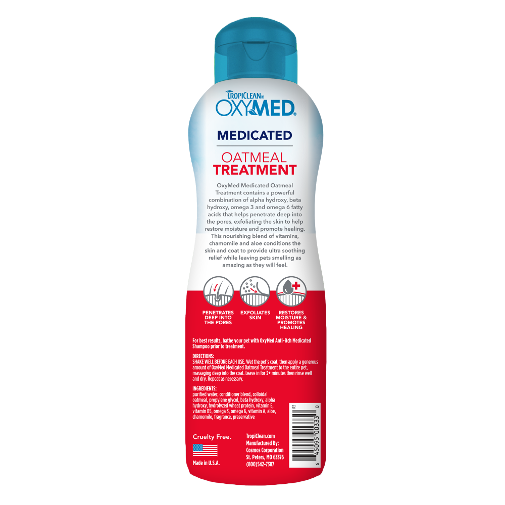 TropiClean OxyMed Medicated Anti Itch Treatment Rinse for Pets, back of 8oz bottle