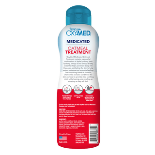 TropiClean OxyMed Medicated Anti Itch Treatment Rinse for Pets, back of 8oz bottle.