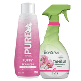 TropiClean Pure Puppy shampoo and detangling spray on a white background