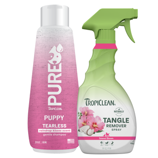 TropiClean Pure Puppy shampoo and detangling spray on a white background