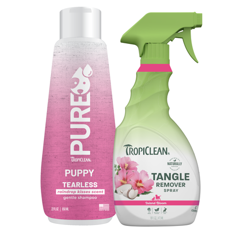 TropiClean Pure Puppy shampoo and detangling spray on a white background