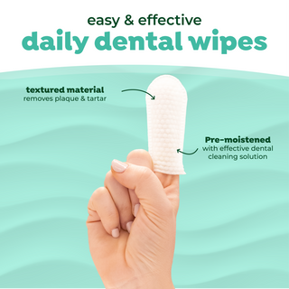 TropiClean Fresh Breath Finger Dental Wipes for Pets. Hand with a dental wipe on finger with text highlighting features on a teal background
