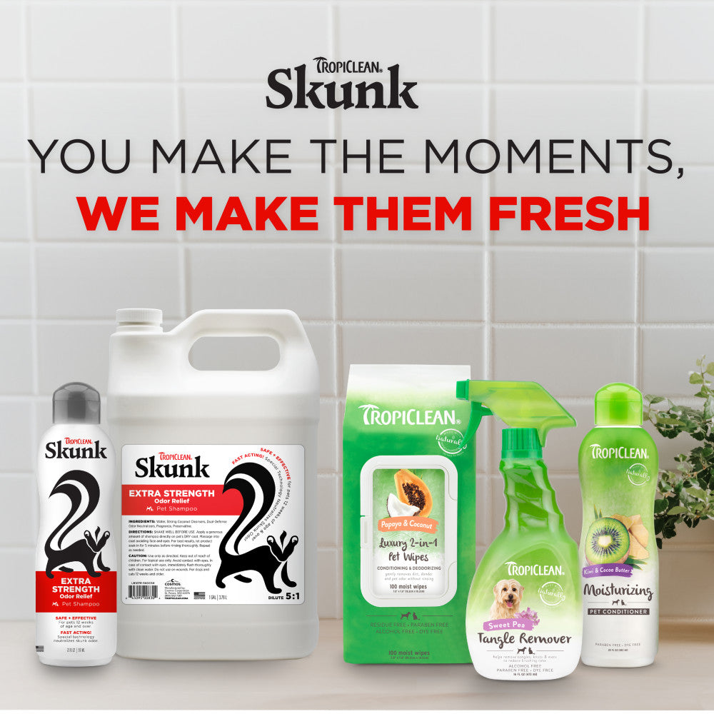 Tropiclean pet care products with promotional text on a tiled background