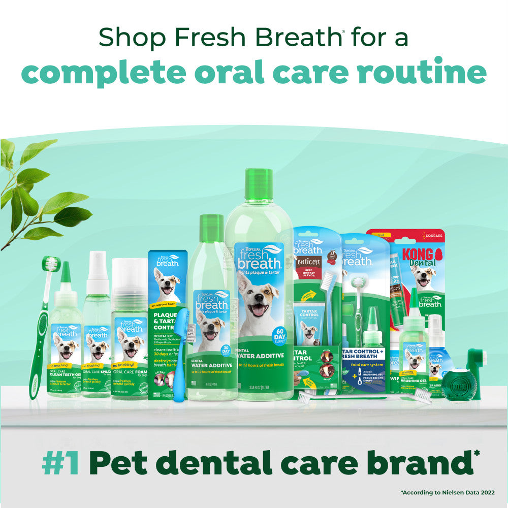 Assorted pet dental care products by TropiClean Fresh Breath.
