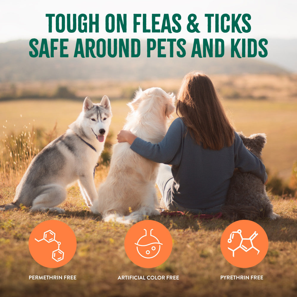TropiClean Flea and Tick Pet & Bedding Spray for Dogs. Woman sitting with three dogs in a field, promoting a product safe for pets and kids.