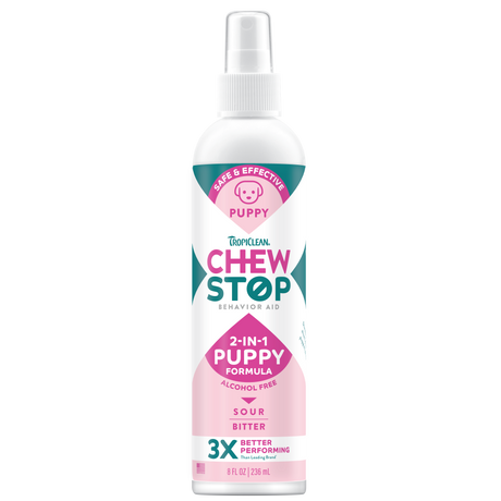TropiClean Chew Stop Behavior Aid Puppy Spray, front of 8oz spray bottle