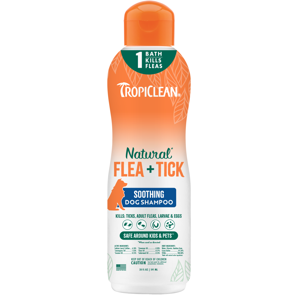 TropiClean Natural Flea + Tick Soothing Shampoo for Dogs, image of front of bottle