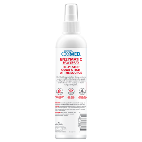 TropiClean OxyMed Enzymatic Paw Odor and Itch Pet Spray, back of 8oz spray bottle
