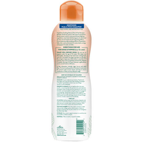 TropiClean Natural Flea + Tick Soothing Shampoo for Dogs, image of back of bottle