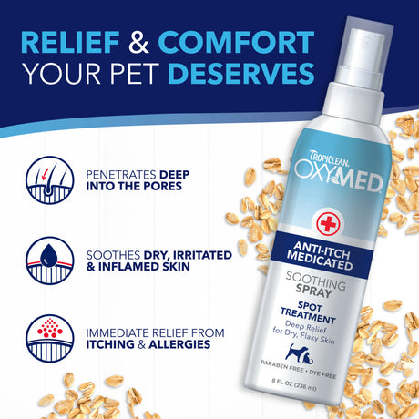 TropiClean OxyMed Medicated Anti-itch Spray for Pets with text highlighting benefits on a white and blue background.
