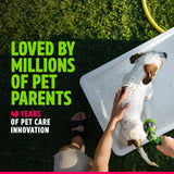 TropiClean EnduraScent Raspberry Lime Deodorizing Shampoo. Person washing a dog with text about pet care innovation on a grassy background