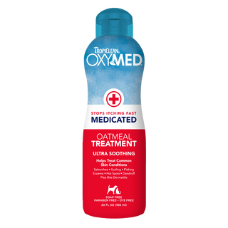 TropiClean OxyMed Medicated Anti Itch Treatment Rinse for Pets, front of 20oz bottle
