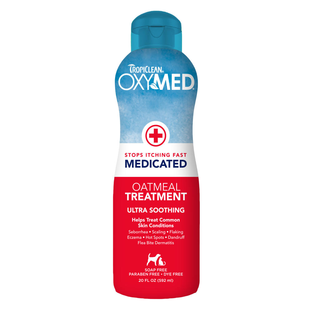 TropiClean OxyMed Medicated Anti Itch Treatment Rinse for Pets, front of 20oz bottle.