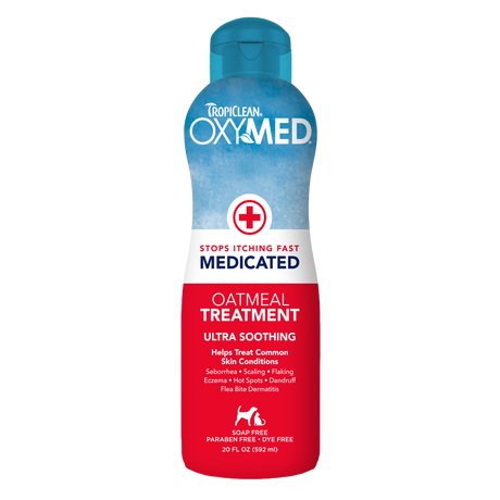 TropiClean OxyMed Medicated Anti Itch Treatment Rinse for Pets, front of 20oz bottle.