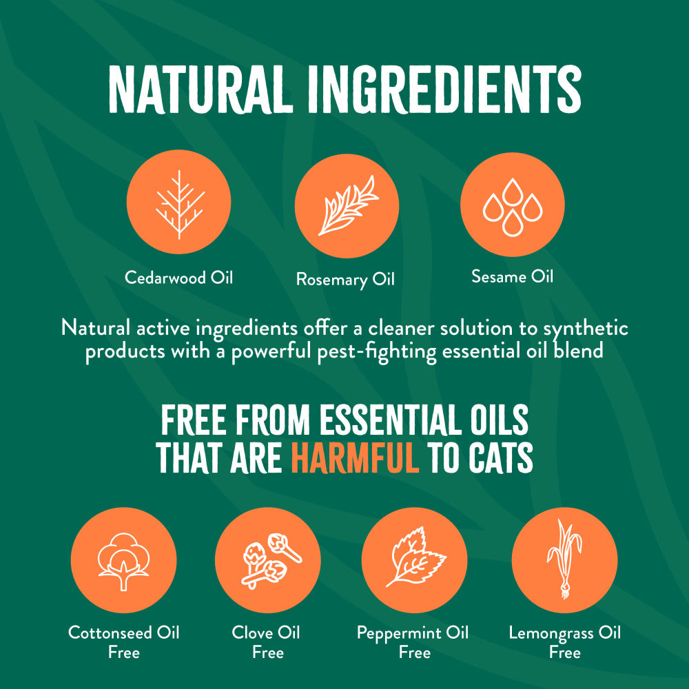 TropiClean Natural Flea + Tick Cat + Home Easy Mist Spray. Product label highlighting natural ingredients and their benefits on a green background
