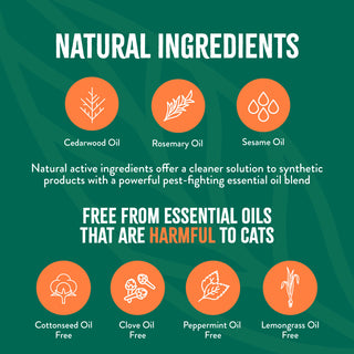 TropiClean Natural Flea + Tick Cat + Home Easy Mist Spray. Product label highlighting natural ingredients and their benefits on a green background
