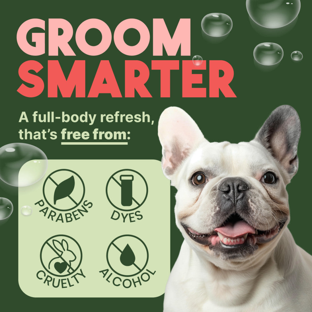 TropiClean Watermelon Deodorizing Spray for dogs & cats. Image of Dog with 'Groom Smarter' text and product features on a green background