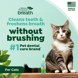 TropiClean Fresh Breath No Brushing Dental & Oral Care Gel for Cats. Cat with TropiClean Fresh Breath product and text on a light green background