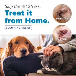 TropiClean HomeVet Ear Mite Treatment for Pets. Promotional image with a dog and cat, text 'Skip the Vet Stress. Treat it from Home.'