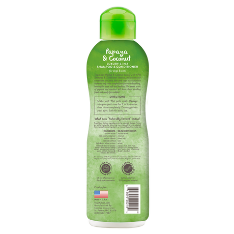TropiClean Papaya & Coconut 2-In-1 Shampoo and Conditioner for Pets, image of the back of 20oz bottle