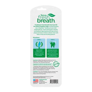TropiClean Fresh Breath dental care kit back packaging on a white background