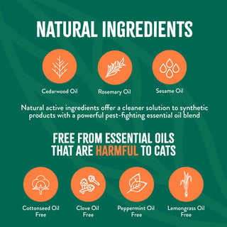 TropiClean Natural Flea + Tick Waterless Shampoo for Cats, Product label highlighting natural ingredients and oil safety for cats