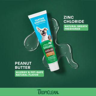 TropiClean Fresh Breath peanut butter flavored pet toothpaste tube with tartar control, displayed with clear applicator again