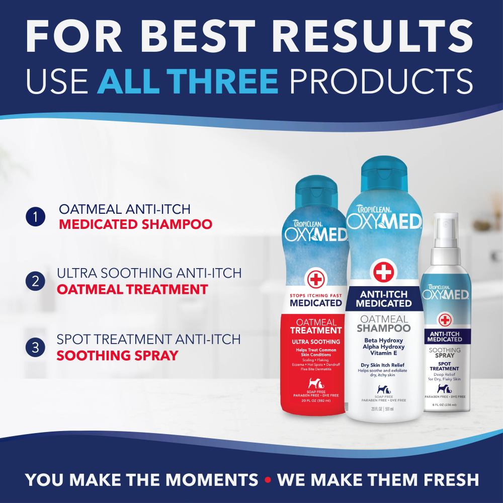 OxyMed shampoo and treatment products with text on a white background.