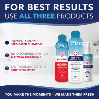OxyMed shampoo and treatment products with text on a white background.