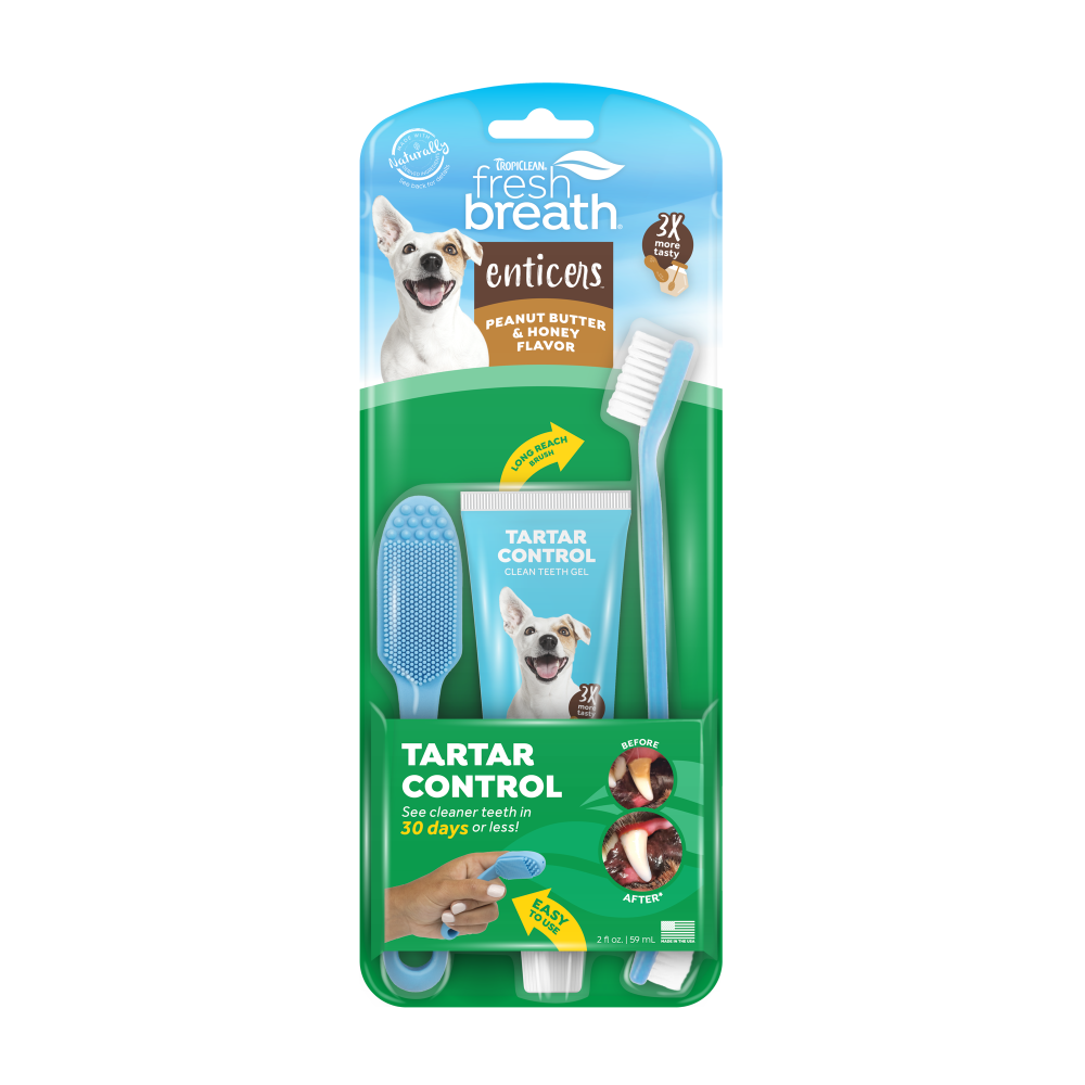 Fresh Breath Enticers Peanut Butter & Honey Tartar Control Dog Dental Kit, front of kit package