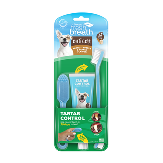 Fresh Breath Enticers Peanut Butter & Honey Tartar Control Dog Dental Kit, front of kit package