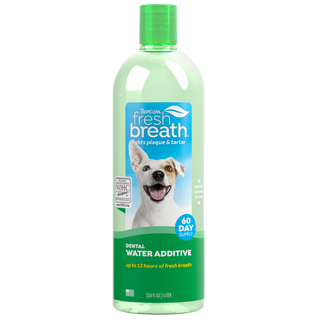 TropiClean Fresh Breath Oral Care Water Additive for Pets, front image of 33oz bottle