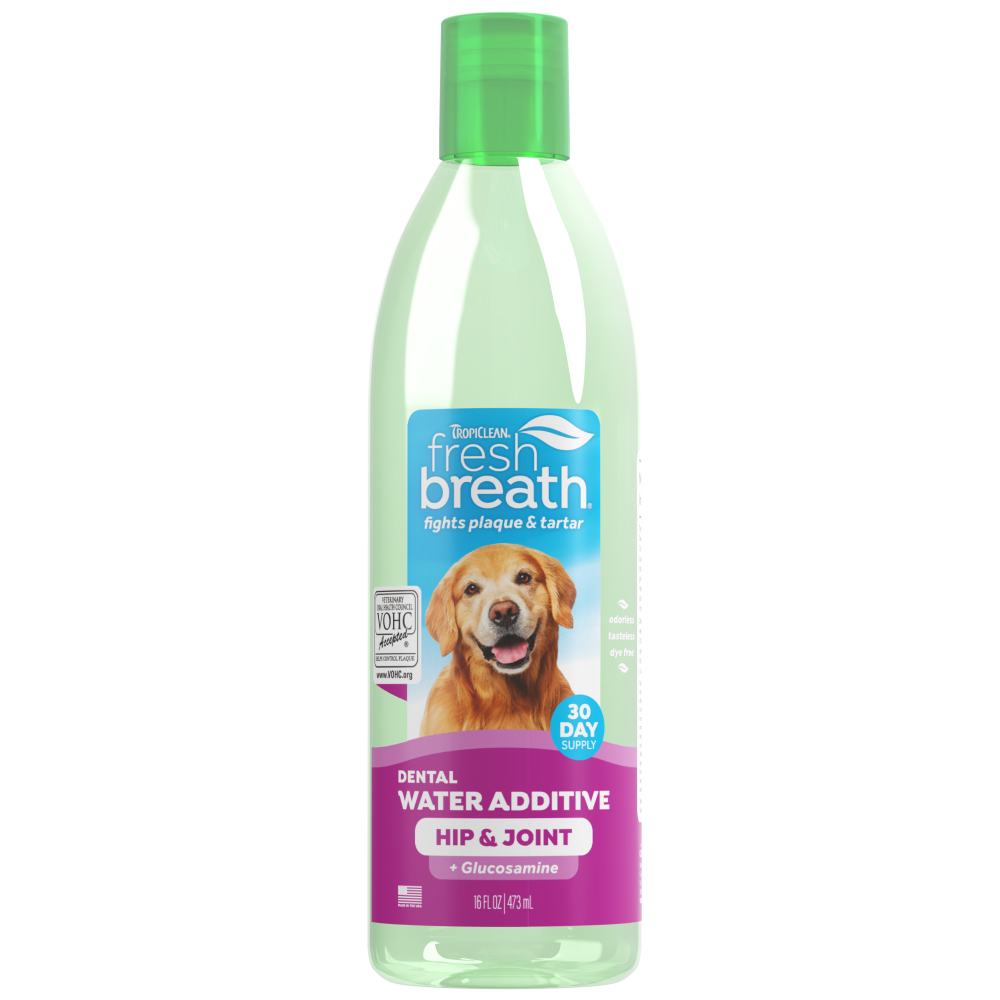 Fresh Breath by TropiClean Oral Care Water Additive Plus Hip & Joint for Pets, image of front of 16oz bottle