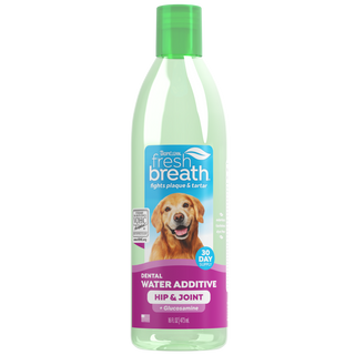 Fresh Breath by TropiClean Oral Care Water Additive Plus Hip & Joint for Pets, image of front of 16oz bottle